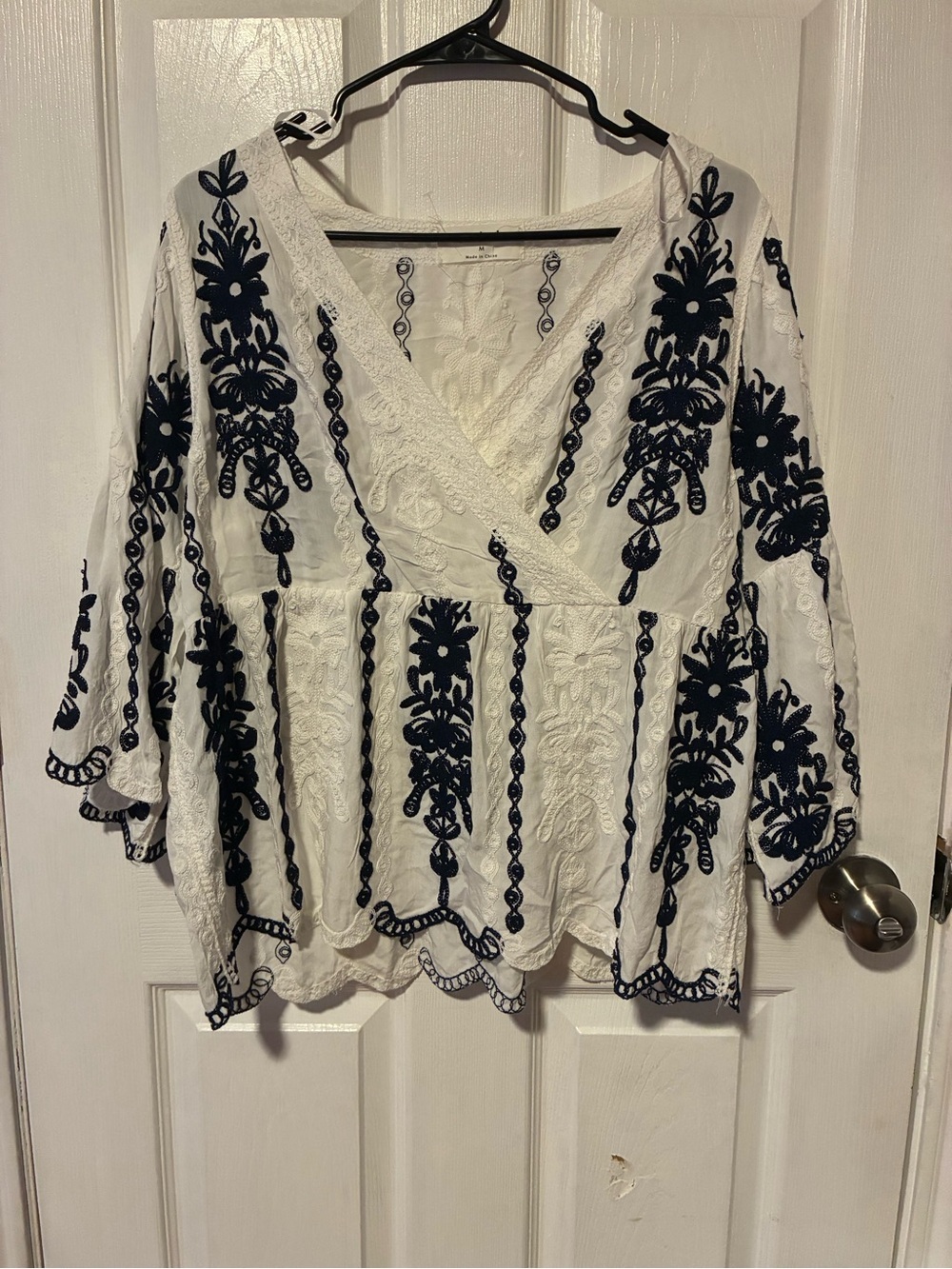 Kindred Women’s White Peasant Blouse with Navy Embroidery boho bell sleeves
